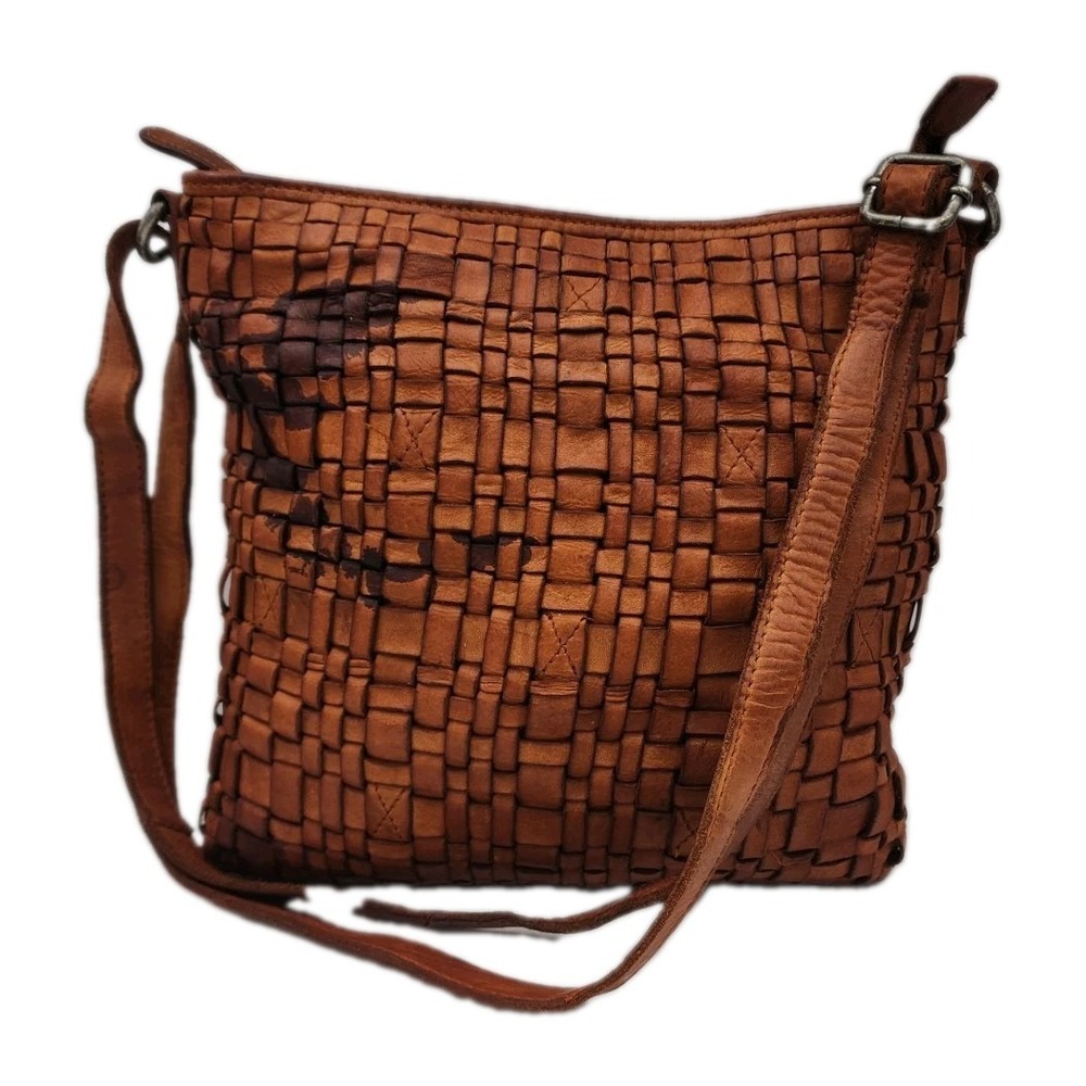 Anthropologie Vilenca Holland Woven Leather Crossbody Purse Brown 10"x10"x2"
